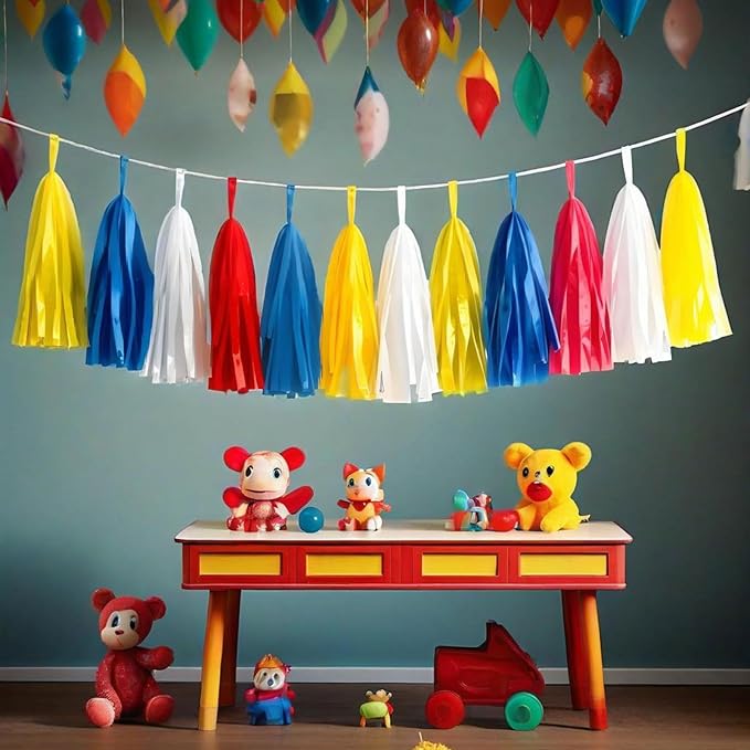 Tissue Paper Tassel Garland Banner, 20 Pack, Red Blue Yellow White, Party Decorations for Birthday, Baby Shower