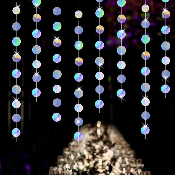 Iridescent Circle Dots Garlands Decorations, 52 Feet, Glitter Disco Garland Hanging Banner for Christmas Party, Anniversaries, Wedding, Birthday Parties, Graduations Parties, Baby Showers(Iridescent)