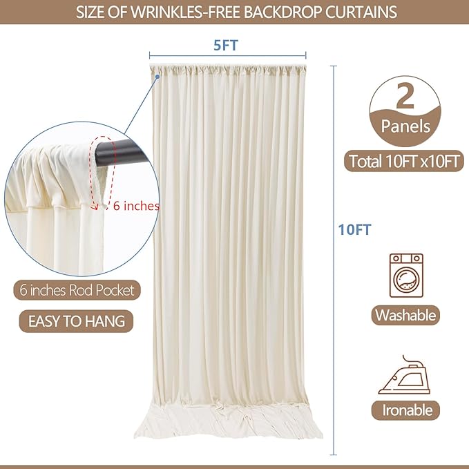10x10ft Wrinkle Free Ivory Backdrop Curtain for Parties Soft Fabric Drapes Wedding Ivory Curtain Backdrop for Birthday Party Decorations Background for Photography 5x10ft,2 Panels