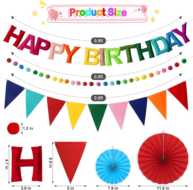 Pre-Strung Happy Birthday Banner, Reusable Felt Birthday Party Decorations, 3D Effect Happy Birthday Sign with Felt Ball Garland, Pennant Flag, Hanging Paper Fans for Men Women Boy Girls (Rainbow)