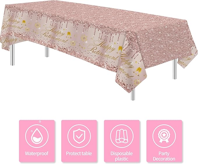 APOWBLS Retirement Decorations for Women Tablecloth - Disposable Rose Gold Happy Retirement Party Decorations Supplies Table Cover - 3Pack (54in x 108in)