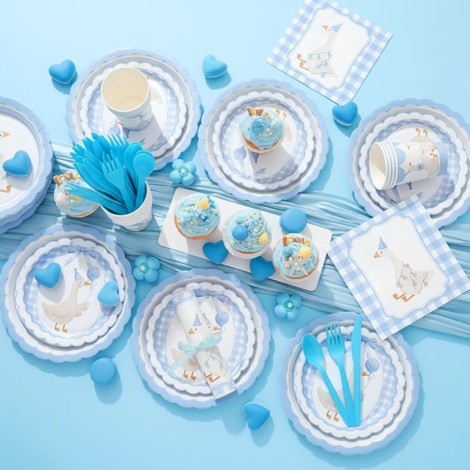 Zhehao 350 Pcs One Silly Goose Birthday Party Tableware Set Blue Scalloped Baby Shower Plates Cup Napkins Forks for Birthday Party Decorations Supplies for 50 Guests