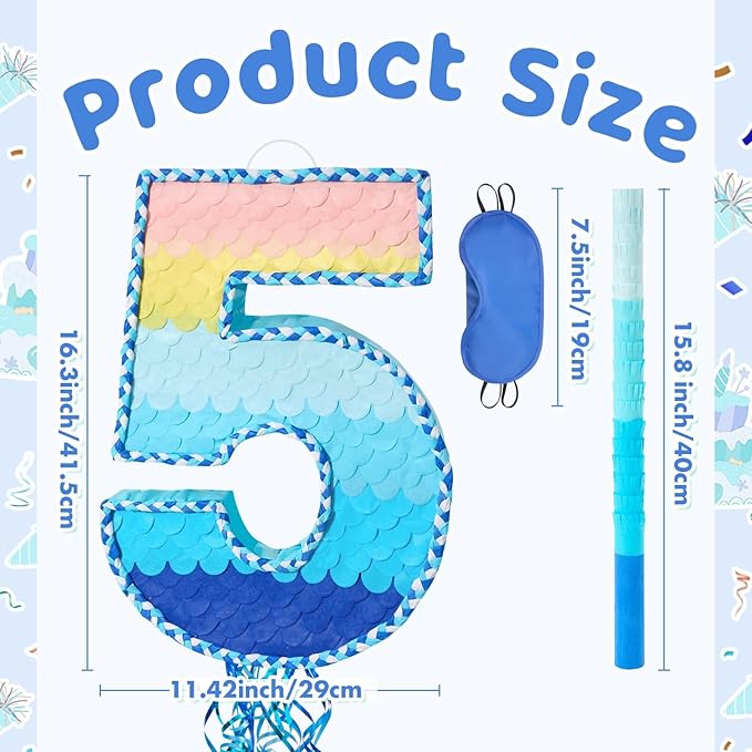 WERNNSAI Number 5 Piñata - Ombre Blue Pull String Piñata with Blindfold and Stick Birthday Party Game for Kids Boys Girls 5th Birthday Party Decorations （16.3" x 11.4" x 3")