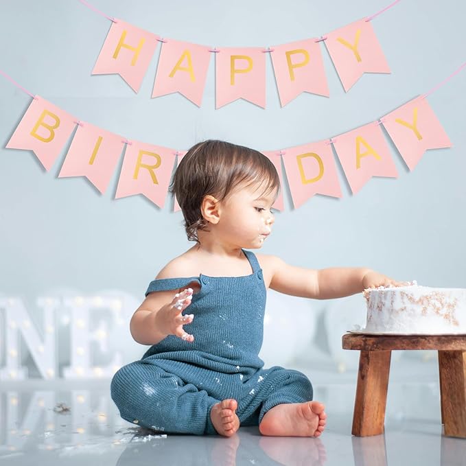 Pink Happy Birthday Banner - Hanging Backdrop Sign with Gold Letters, Happy Birthday Sign Bunting Decorations for Women men Kids Baby Shower Party Supplies (13pcs)