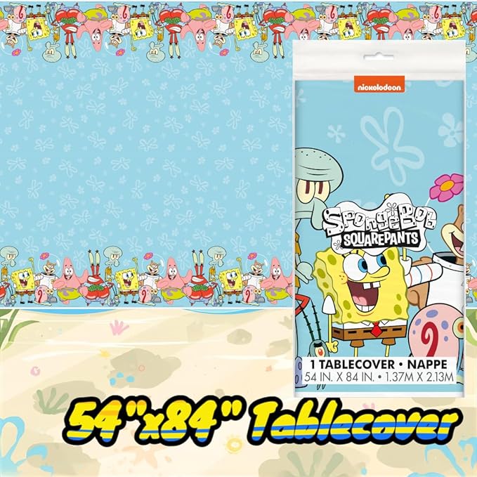 SpongeBob SquarePants Party Supplies Set, Square Plates in 9" and 7" sizes, Napkins, Tablecover with Confetti, Blue Yellow Theme, Serves 16 Guests at your Spongebob Birthday Party
