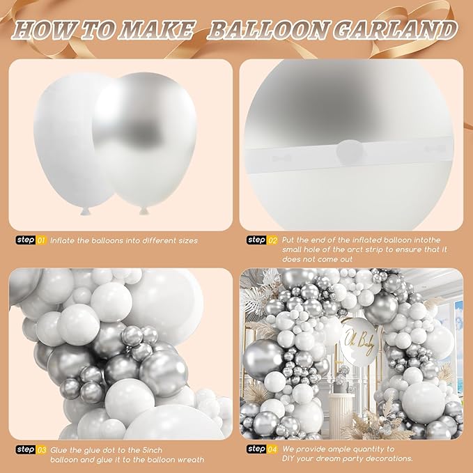 412Pcs White and Silver Balloons Arch Kit, 18 12 10 5 Inch White Metallic Silver Latex Balloon for Wedding Bridal Shower Engagement Anniversary Birthday Party Decorations