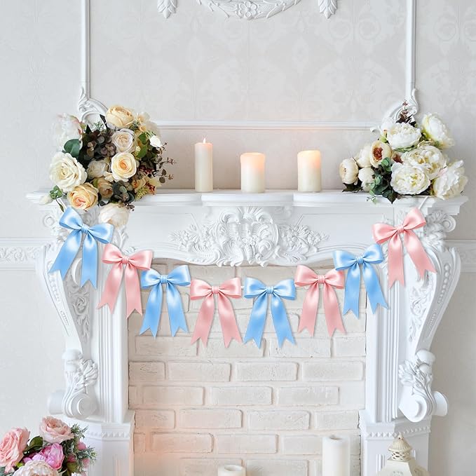 2 Strings of 16PCS Baby Pink&Baby Blue Bow Garlands Banner Decoration,Pre-Strung Satin Ribbon Ornaments for Gender Reveal Party,Baby Shower,Birthday,Bridal Shower,Graduation Decor,Anniversary,Wedding