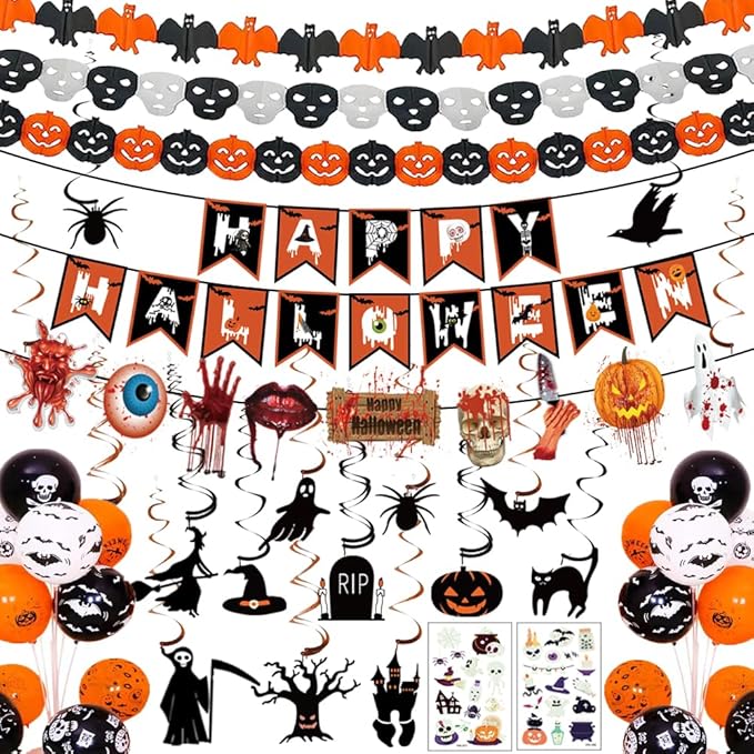 Halloween Party Decorations Set Including Happy Halloween Banner, Hanging Swirl, Pumpkin Skull Ghost Horror Banner Balloons for Indoor Decorations