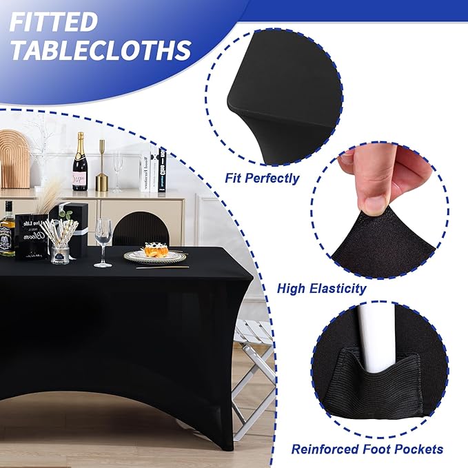 Fixwal 3 Pack Black Table Cloths Rectangle 8FT, Tablecloths Rectangular Stretch Spandex Fitted Table Covers 8 FT for Parties, Trade Shows, Banquet, Weddings, Buffet, Graduation Decorations