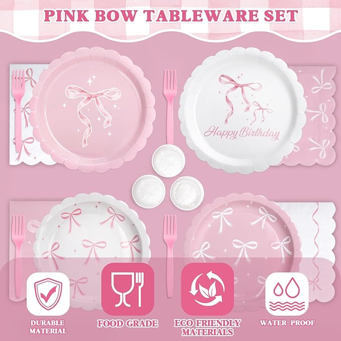 156 Pcs Pink Bow Party Plates and Napkins Cups Tableware Sets for Coquette Birthday Decorations, Pink Birthday Supplies Include Straws, Pink Party Decorations Which Can Serve 26
