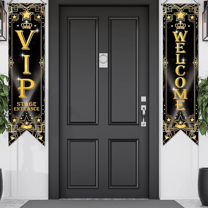 Blulu VIP Party Decorations Roaring 20s Movie Night Banner VIP Porch Sign Movie Theater Now Showing Hanging Porch Sign 1920s Party Supplies(Black)