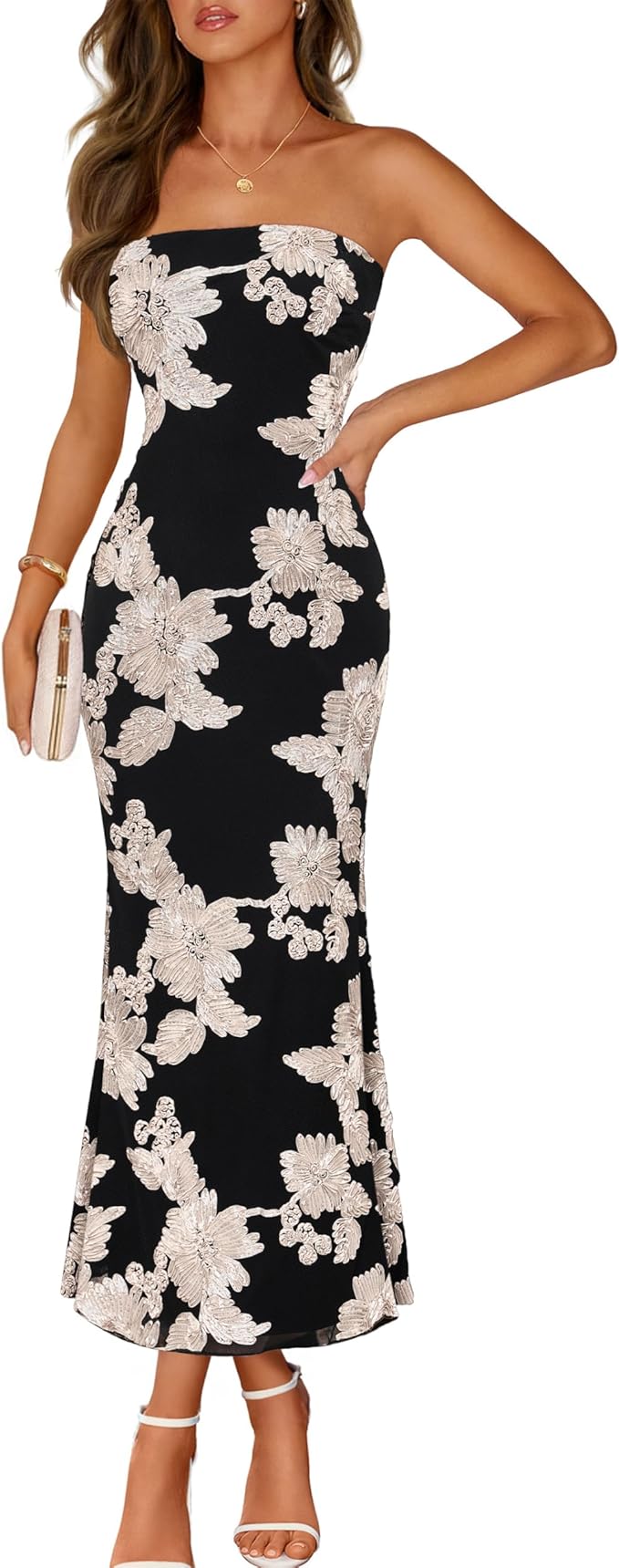 MEROKEETY Women's Floral Strapless Maxi Dress 2026 Summer Mesh Tube Bodycon Formal Wedding Guest Cocktail Party Long Dresses