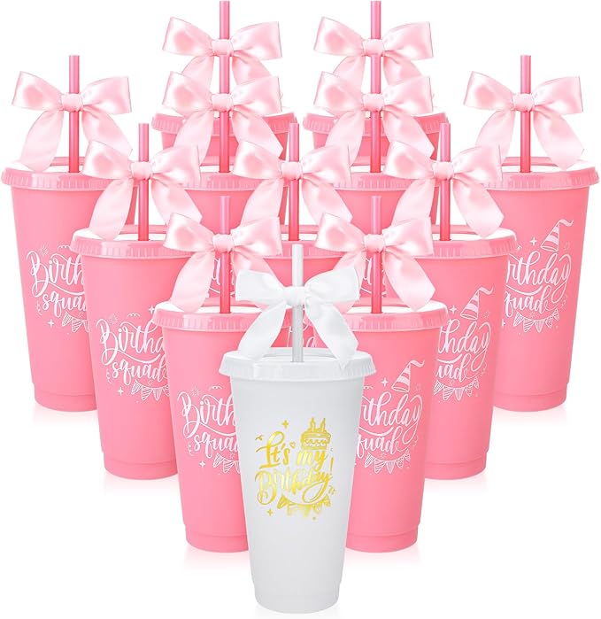 12 Pcs Birthday Party Tumblers, 24 oz Reusable Plastic Cups with Lids and Straws and Bows for Birthday Decorations Party Favor