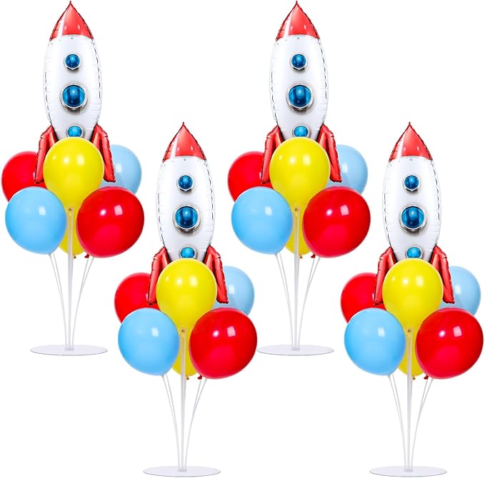 4 Sets Toy Inspired Themed Party Balloons Stand Kit With 4 Rocket Foil Balloons Toy Themed Red Blue Yellow Balloon Centerpiece for Tables for Boys Birthday Baby Shower Cartoon Party Decorations