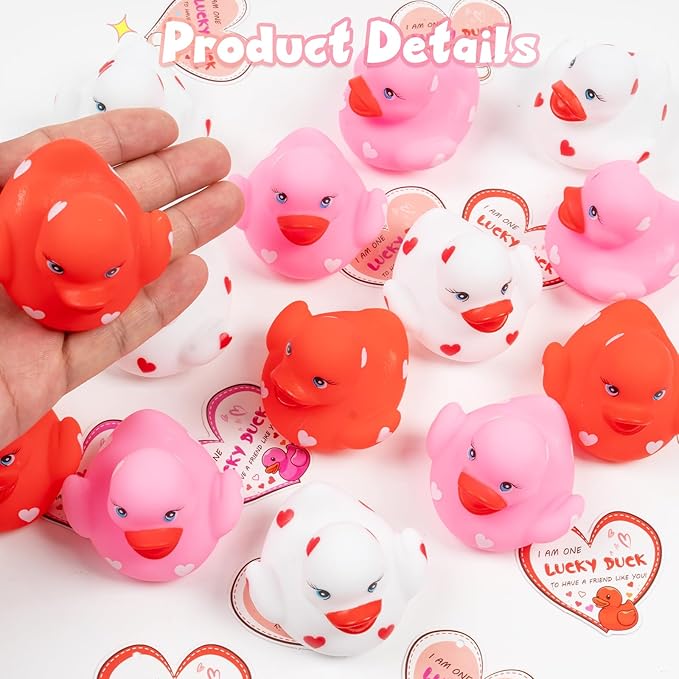 20pcs Rubber Ducks with Cards Gift Valentines Day Party Favors Small 2.36” Assorted Pink Red White Squeaky Duckies in Bulk with Love Heart Cards Treats Giveaways for Kids Cupcake Topper