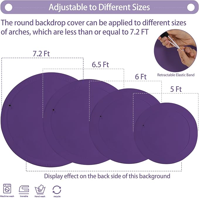 Gallety 7.2FT Purple Round Backdrop Cover with Size Adjuster & 4 Metal Clips, Universal Fit for 5ft-7.2ft Circle Stand, Polyester Fabric Arch Cover for Wedding, Birthday Party, Baby Shower Decor