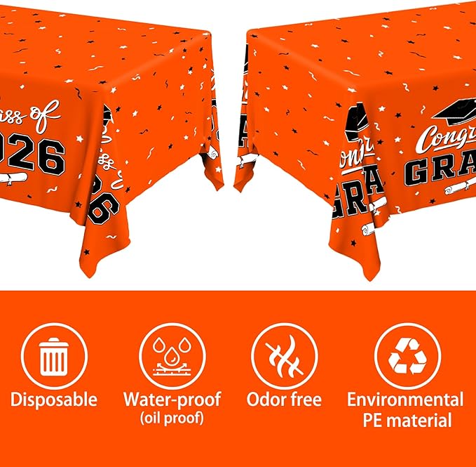 Gatherfun 2026 Graduation Decorations : 2-Pack Congrats Grad Disposable Tablecovers - Class of 2026 Orange Themed Table Cloths, for Graduation Party Supplies & Graduation Backdrop, 54" X 108"