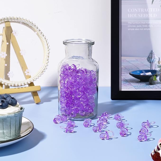 XINHUIDALSQ 150 Mini Acrylic Pacifiers for Baby Shower Girl Game, 0.86 Inch Bulk Chupones para Gender Reveal Party Favors Table Decoration (Purple)