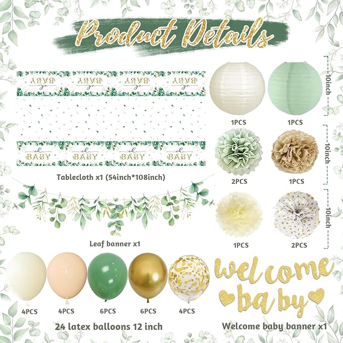 Baby Shower Decorations Sage Green Welcome Baby Sign Banner with Green Balloons Oh Baby Tablecloth Gender Neutral Baby Items Paper Pom Poms Decorations for Gender Reveal Party Supplies