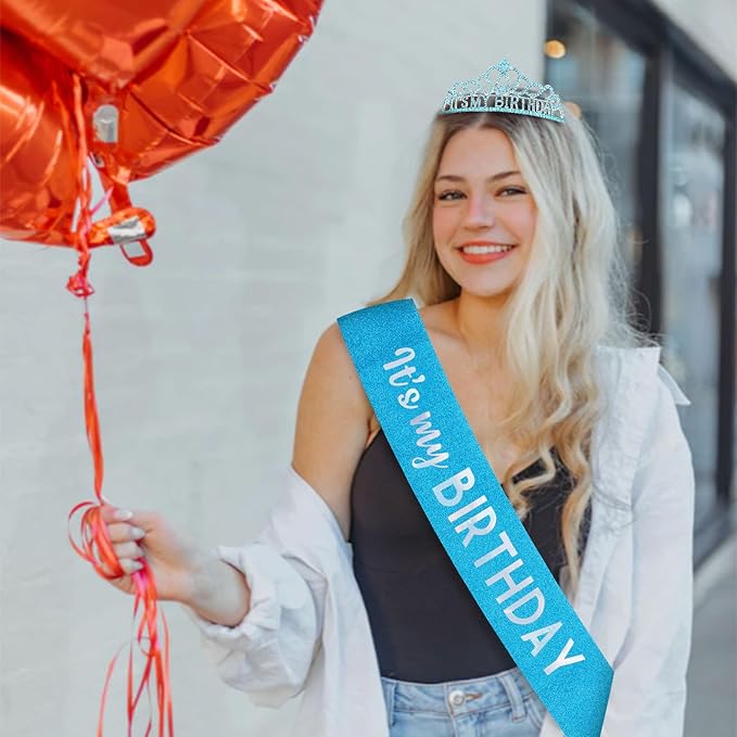 CAVETEE Birthday Crowns for Women - Its My Birthday Sash and Crown Set for Adult Women - Party Decorations and Gifts (Blue)