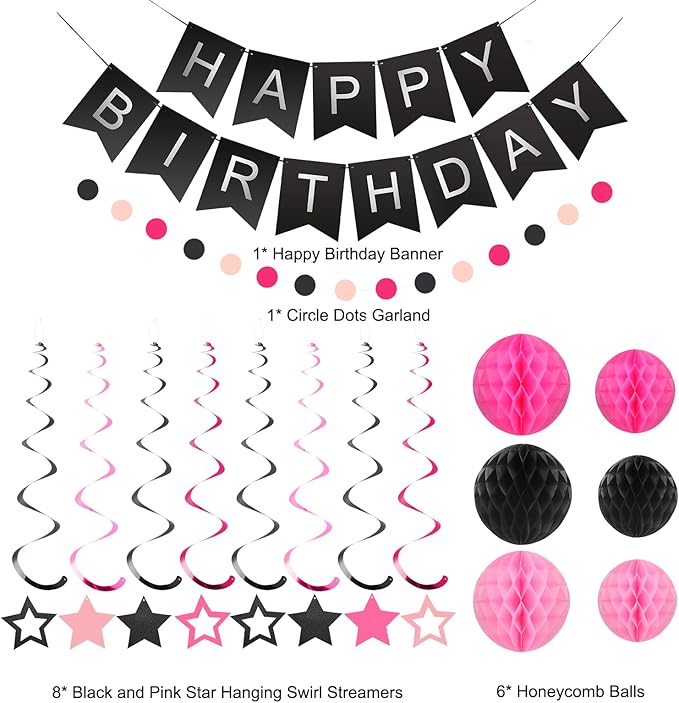 meowtastic Birthday Decorations, Happy Birthday Banner with Honeycomb Balls, Stars Hanging Swirl Streamers, Circle Dots Garland, Happy Birthday Party Decorations for Women Men Boys Girls (Black&Pink)