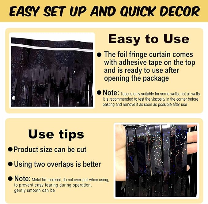 6 Pack Black Foil Fringe Curtains Backdrop, 3.28 x 8.2 Ft Metallic Streamers Tinsel Curtains Background for Photo Booth, Birthday, Halloween, Christmas, New Year Party Decorations