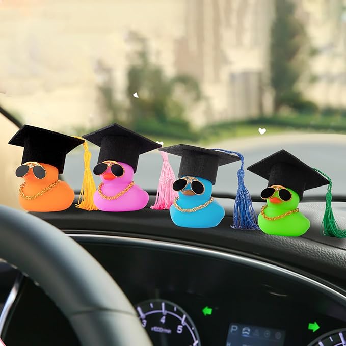 wonuu Car Dashboard Decor Graduation Hat Color Rubber Duck, Car Ducks Ornaments with Mini Graduation Hat Necklace Sunglasses (Green)