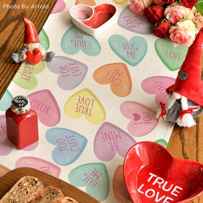 Artoid Mode Ture Love Heart Valentine's Table Runner, Seasonal Kitchen Dining Table Decoration for Home Party Decor 13x60 Inch