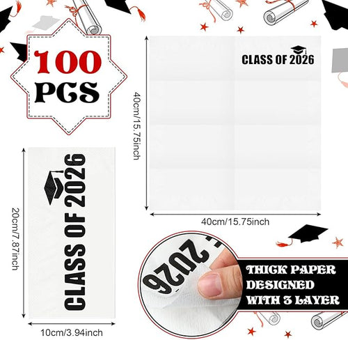 100 Set Graduation Class of 2026 Guest Napkins Black Rolled Silverware Disposable Grad Award Dinner Napkin with Ribbon and Scissors for Celebration