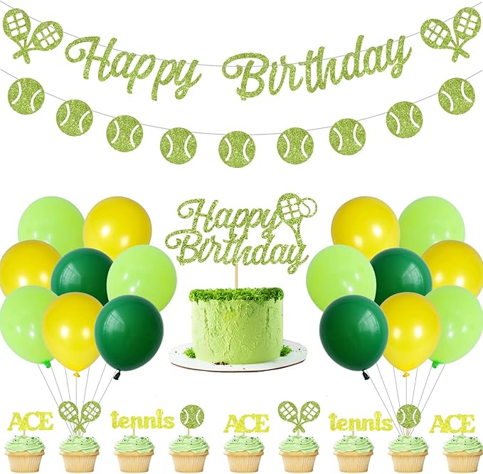 Green Tennis Sports Themed Decor - Latex Balloons, Cake Toppers, Glitter Banners & Baby Shower Inspirations