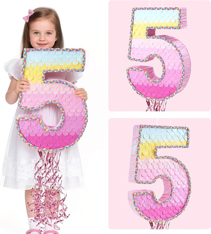 WERNNSAI Pink Sweet Five Piñata - Number 5 Piñata Happy Birthday Decoration Pink Rainbow Design Party Games for Girl Princess Baby Shower Party Favor with Blindfold Anniversary Celebration Supplies
