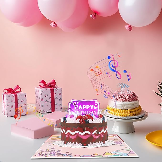 Strawberry Round Cake Music Playing Pop Up Happy Birthday Greeting Card with LED Light, Love Gift for Adult and Kid with Blank Note & Envelope, Celebration for Daughter, Son, Mom, Dad