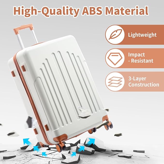 Karl home 28 Inch Check-in Luggage with Spinner Wheels, ABS Hardshell Checked Suitcase with TSA Lock, Durable Large Suitcase Rolling Luggage for Men Women, White & Brown