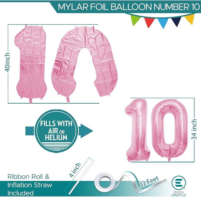 40 Inch Large Pink Number Celebration and Decoration Balloon for Birthday Parties, Graduations, Anniversaries, Weddings, Photo Shoots, Special Events - Helium Foil Mylar (Pink Number 10)