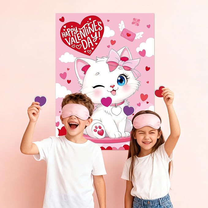 Valentine Games - Pin The Heart Game with Large Poster, 48 Reusable Heart Stickers, 2 Eye Masks & Adhesive Dots - Valentine's Day Party Supplies