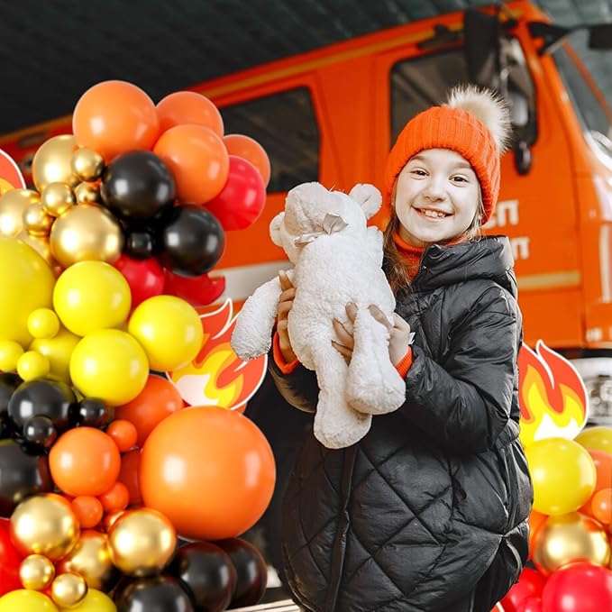 Red Yellow Black Balloon Arch, Fire Truck Balloon Garland for Firefighter Birthday Party Decorations, Fire Truck Theme Yellow and Orange Balloon Arch Kit for Fire Truck Birthday Decorations