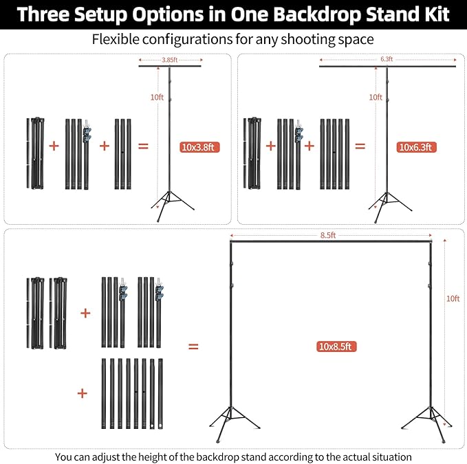 Hemmotop Photo Backdrop Stand 10x8.5ft(WxH), Heavy Duty Background Stand with 2 Sandbags, 2-in-1 T-Shape Photography Backdrop Stands for Party, Photo Booth, Balloon, Projector Screen, Wedding