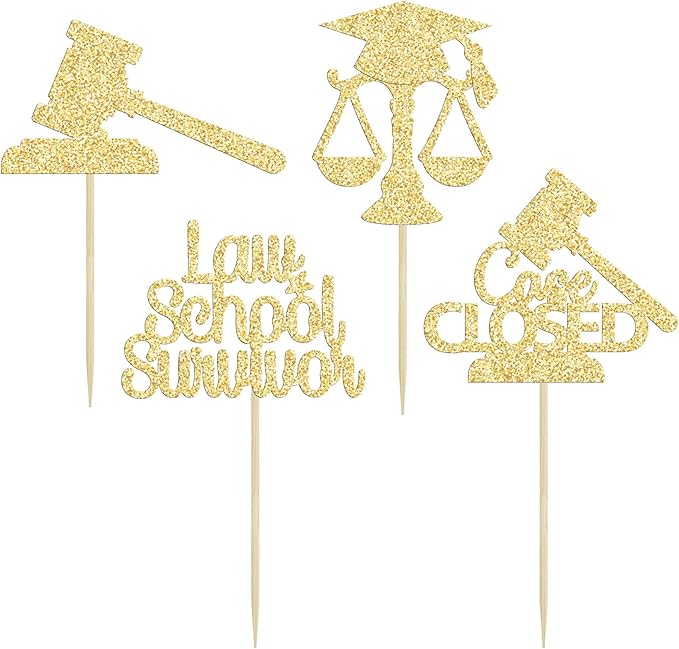 Gyufise 24Pcs Lawyer 2026 Graduation Cupcake Toppers Gold Glitter Class of 2026 Grad Cap Law School Survivor Cupcake Picks for 2026 Lawyer Graduation Party Cake Decorations Supplies