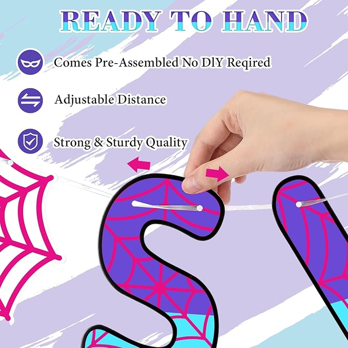 TaoBary Spider Theme 5th Birthday Banner, Pre-strung Swinging into 5 Banner, Spider 5th Birthday Decorations Party Supplies for Kids, Fifth Decor for 5 Year Old Boys Girls(Pink and Purple)