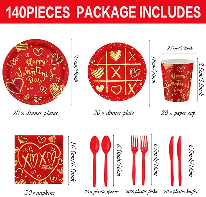 140Pcs Valentine's Day Party Supplies Tableware Set Red Heart Love Valentine's Day Paper Plates and Napkins Anniversary Wedding Party Decorations Couple Dating Dinner Plates, Serve for 20 Guest