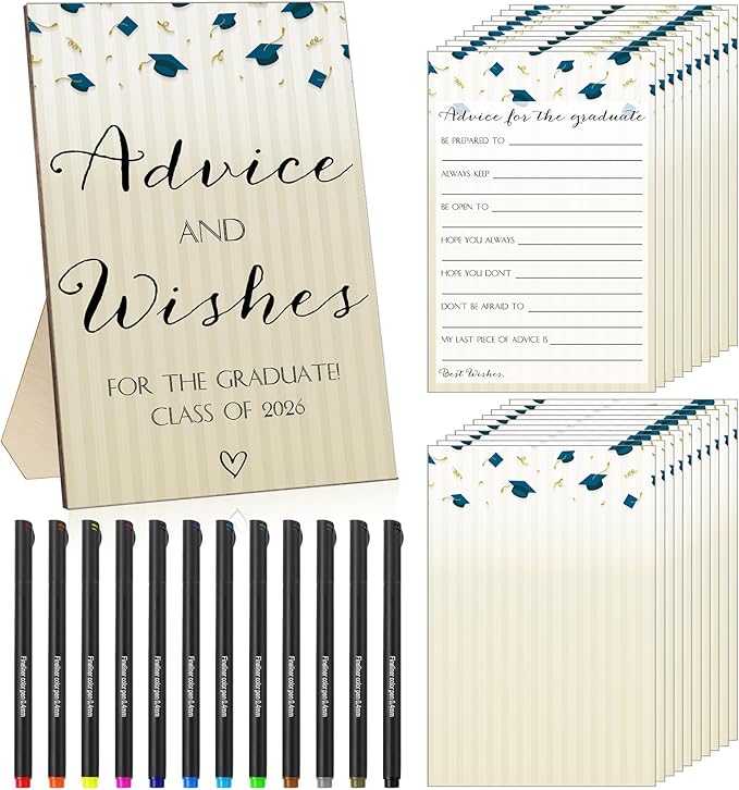 113 Pcs Class of 2026 Graduation Party Favors Include 1 Advice and Wishes Wooden Sign 100 Graduation Advice Cards with 12 Fineliner Ink Pens for The Graduate Class of 2026(Blue)