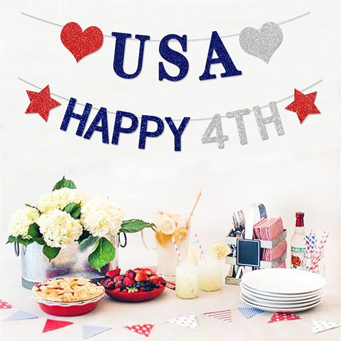 Fourth-4th of July Imemorial-Day Banner - Blue White Red Patriotic Garland Party Decorations, Hanging USA Pennant Flag Banners, America Independence Day Streamers Indoor Decor Lasting Surprise
