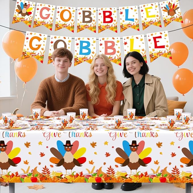 194Pcs Thanksgiving Party Tableware Decorations Supplies Turkey Paper Plates and Napkins Dinnerware Sets Thanksgiving Disposable Plates Set with Napkins and Tablecloth Serves 24