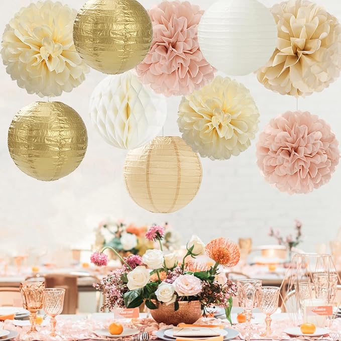 Champagne Gold Beige Paper Flowers Tissue Pom Poms Honeycomb Lanterns 15pcs Party Decorations Boho Fall Rustic Birthday Baby Bridal Shower Neutral Autumn Wedding Bridal Hanging Decor Mprocherify