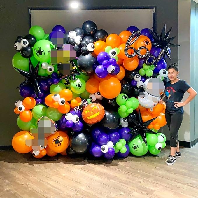 Halloween Balloon Arch Garland Kit, Purple and Black Balloons with 3D Bat Stickers, Big DIY Spider Balloon, Ghost Skull Foil Balloons Green Orange Balloon for Halloween Party Decorations Supplies