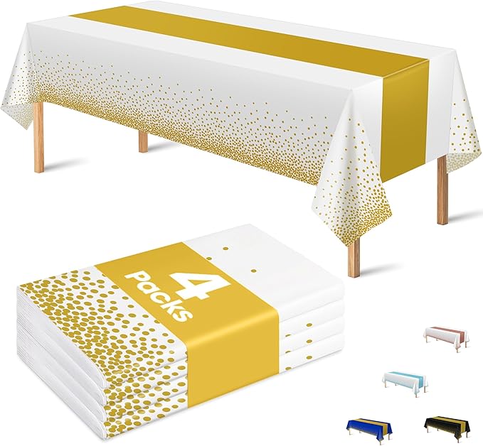 OHOME 4 Pack Disposable Plastic Table Cloths for Parties,White and Gold Rectangle Table Covers for Fall Decor Wedding Bridal Shower Birthday | Baptism First Communion Decorations 54" x 108"