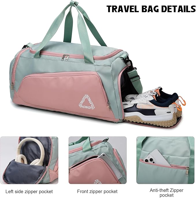 Eslcorri Gym Duffle Bag for Women Men, Sports Backpack with Wet & Shoe Compartment, Fitness Overnight Weekender Bag for Yoga, Swim, Travel (C, GreenPink)