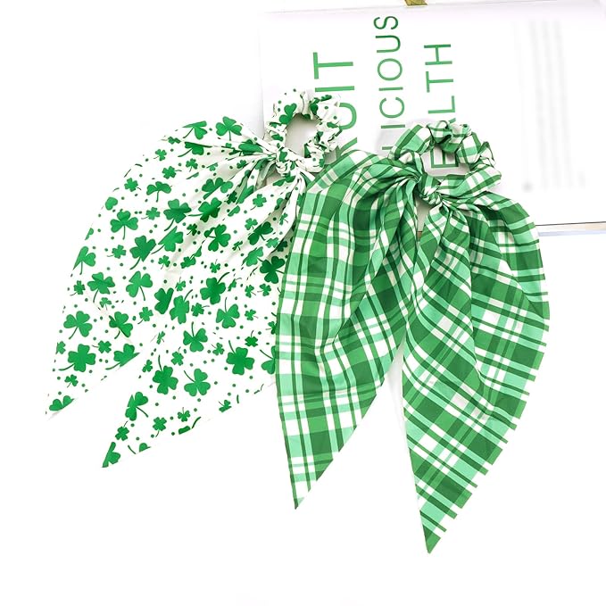 4pcs St.Patrick's Day Hair Ties for Woman Girls Green Plaid Shamrock Ribbon Hair Scrunchies Elastic Irish Lucky Leaf Hair Tie St.Patricks Party Supplies Hair Accessories
