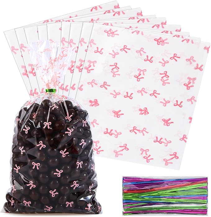 SOMIOCO Clear Gift Bags 6X11In 100PCS Pink Bow Cellophane Goodie Treat Bags for Candy Cookies ,Coquette Party Favors Bow Party Decorations with Twist Tie for Mother's Day,Birthday ,Baby shower,Wedding ,Bridal Engagement