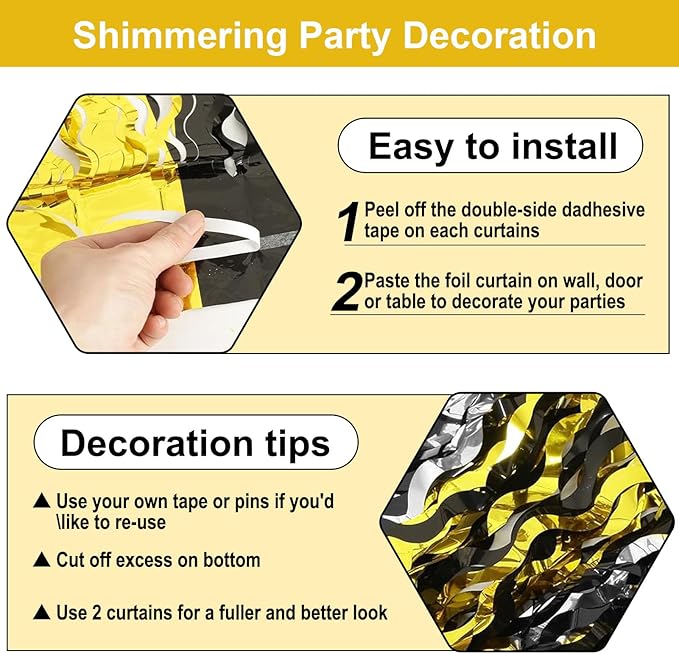 4 Pack Black Gold Silver Wave Foil Fringe Curtain Backdrop, 3.28Ft x 8.2Ft Metallic Tinsel Foil Fringe Streamer Curtains for Photo Booth, Mother's Day, Easter, Birthday, Wedding Party Decoration